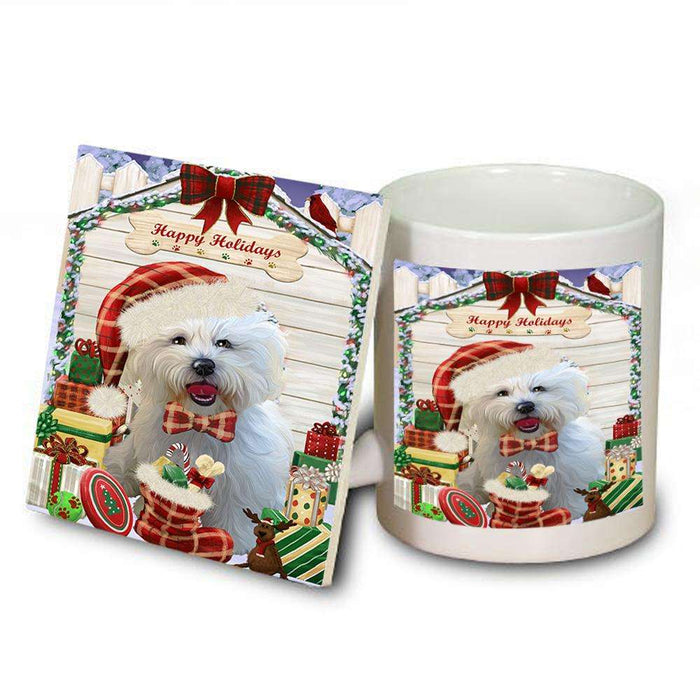 Happy Holidays Christmas Bichon Frise Dog House with Presents Mug and Coaster Set MUC51334