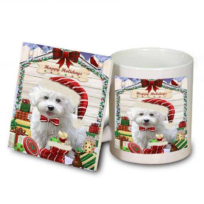 Happy Holidays Christmas Bichon Frise Dog House with Presents Mug and Coaster Set MUC51335