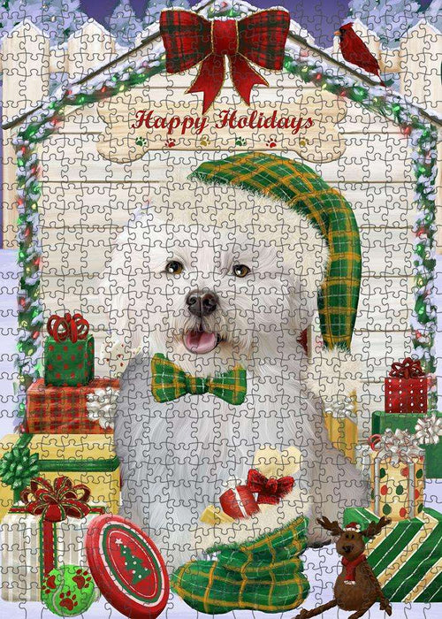 Happy Holidays Christmas Bichon Frise Dog House with Presents Puzzle with Photo Tin PUZL57882