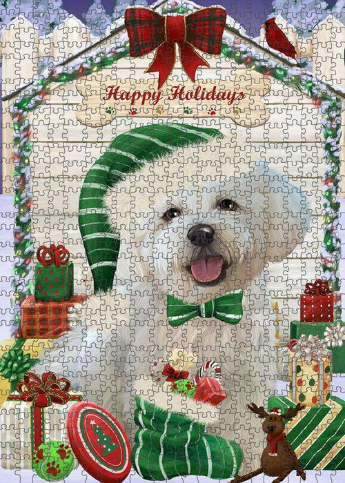 Happy Holidays Christmas Bichon Frise Dog House with Presents Puzzle with Photo Tin PUZL57885