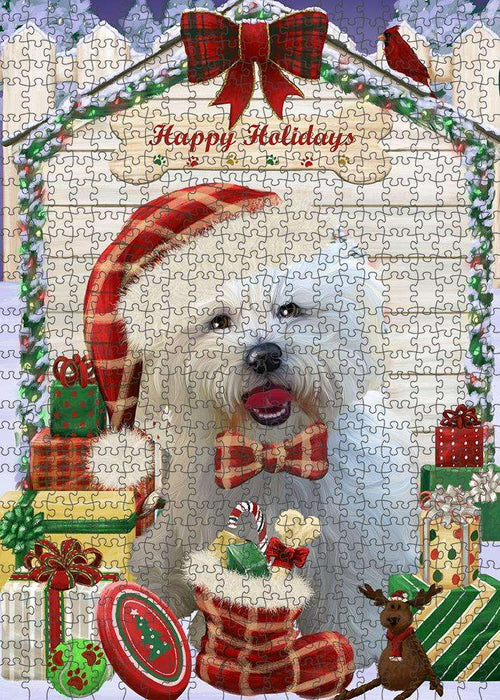 Happy Holidays Christmas Bichon Frise Dog House with Presents Puzzle with Photo Tin PUZL57888