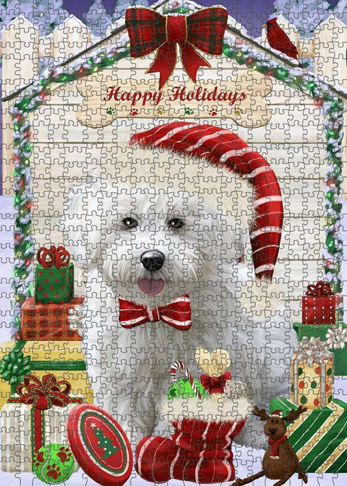 Happy Holidays Christmas Bichon Frise Dog House with Presents Puzzle with Photo Tin PUZL57891