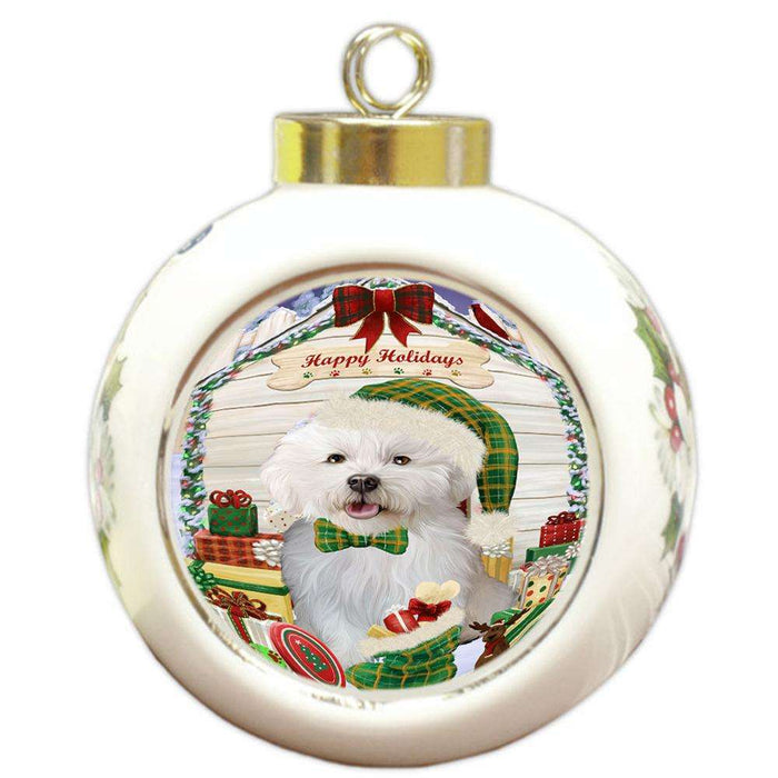 Happy Holidays Christmas Bichon Frise Dog House with Presents Round Ball Christmas Ornament RBPOR51340