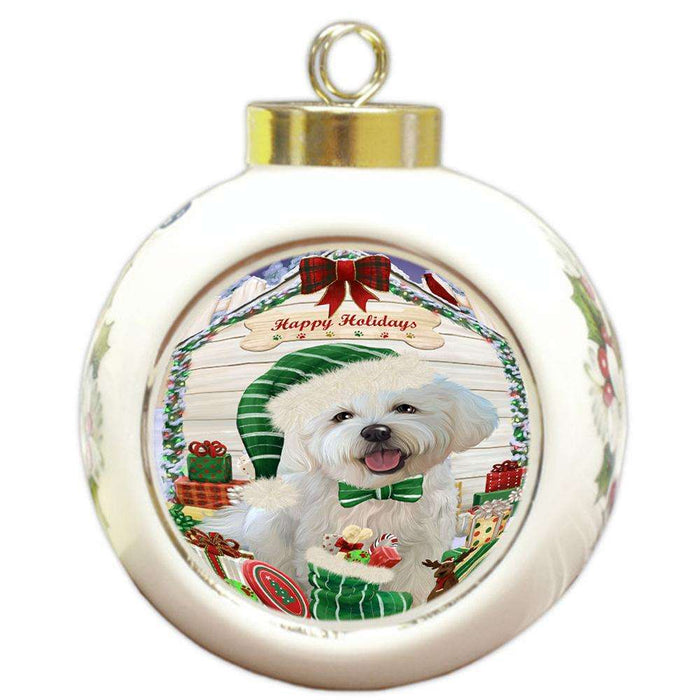 Happy Holidays Christmas Bichon Frise Dog House with Presents Round Ball Christmas Ornament RBPOR51341