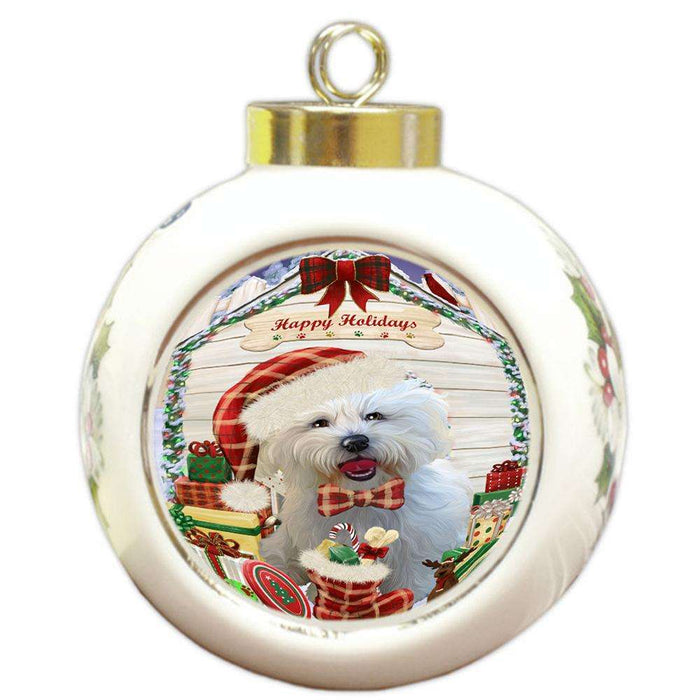 Happy Holidays Christmas Bichon Frise Dog House with Presents Round Ball Christmas Ornament RBPOR51342