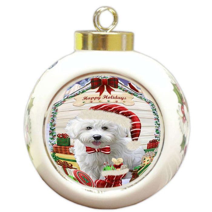 Happy Holidays Christmas Bichon Frise Dog House with Presents Round Ball Christmas Ornament RBPOR51343