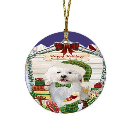 Happy Holidays Christmas Bichon Frise Dog House with Presents Round Flat Christmas Ornament RFPOR51331