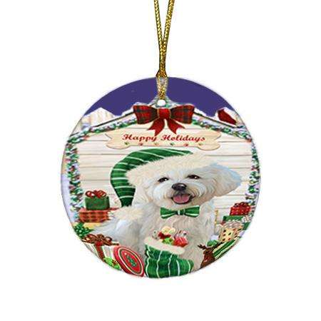 Happy Holidays Christmas Bichon Frise Dog House with Presents Round Flat Christmas Ornament RFPOR51332