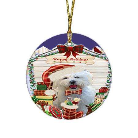 Happy Holidays Christmas Bichon Frise Dog House with Presents Round Flat Christmas Ornament RFPOR51333