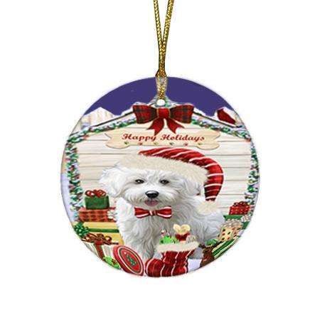 Happy Holidays Christmas Bichon Frise Dog House with Presents Round Flat Christmas Ornament RFPOR51334