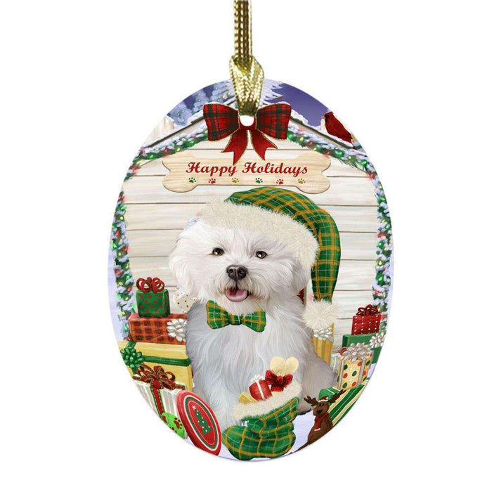 Happy Holidays Christmas Bichon Frise House With Presents Oval Glass Christmas Ornament OGOR49790