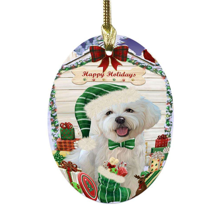 Happy Holidays Christmas Bichon Frise House With Presents Oval Glass Christmas Ornament OGOR49791