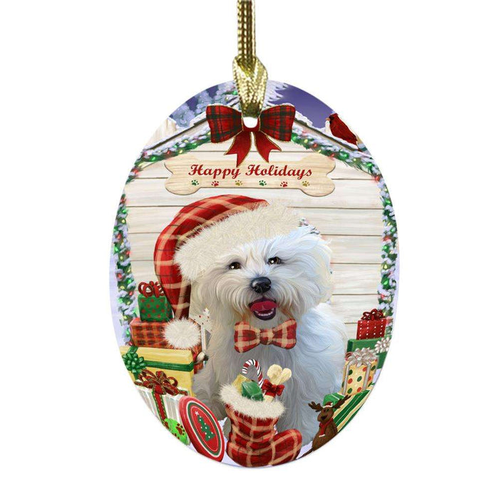 Happy Holidays Christmas Bichon Frise House With Presents Oval Glass Christmas Ornament OGOR49792