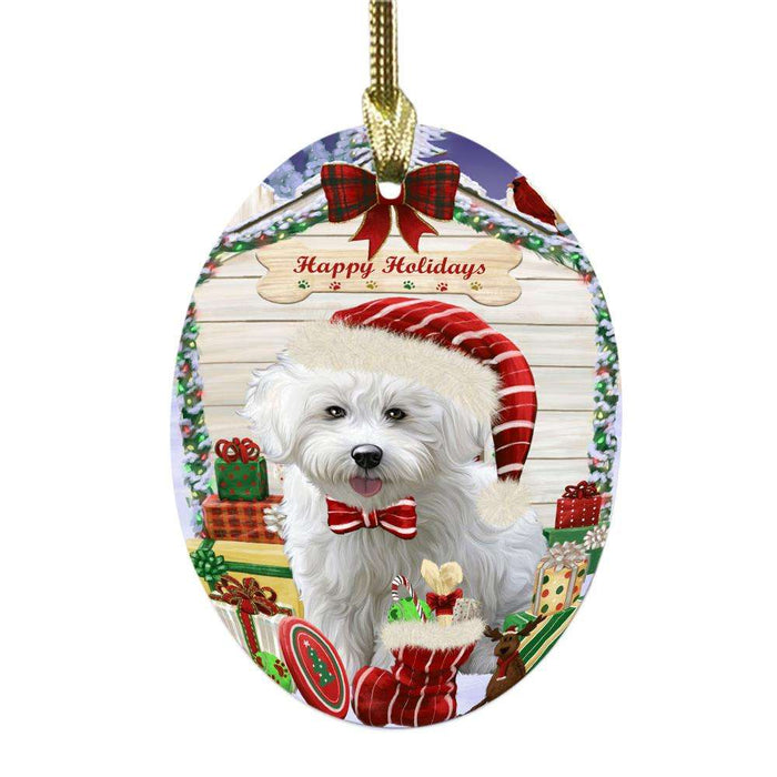 Happy Holidays Christmas Bichon Frise House With Presents Oval Glass Christmas Ornament OGOR49793