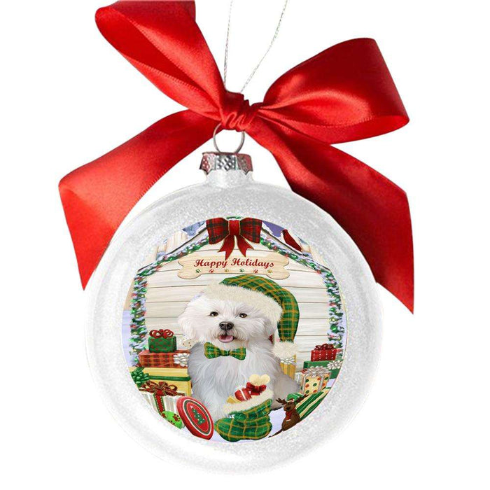 Happy Holidays Christmas Bichon Frise House With Presents White Round Ball Christmas Ornament WBSOR49790