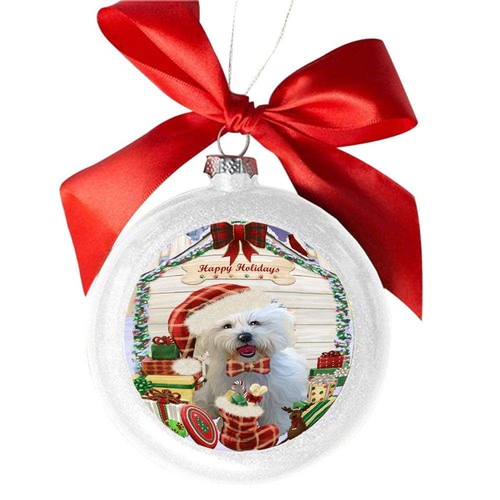 Happy Holidays Christmas Bichon Frise House With Presents White Round Ball Christmas Ornament WBSOR49792
