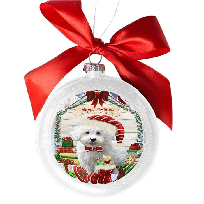 Happy Holidays Christmas Bichon Frise House With Presents White Round Ball Christmas Ornament WBSOR49793