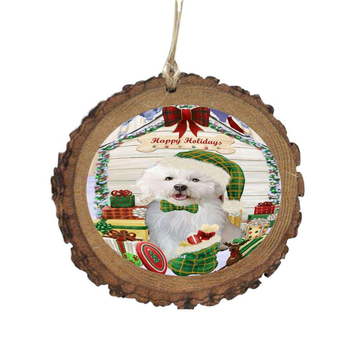 Happy Holidays Christmas Bichon Frise House With Presents Wooden Christmas Ornament WOR49790