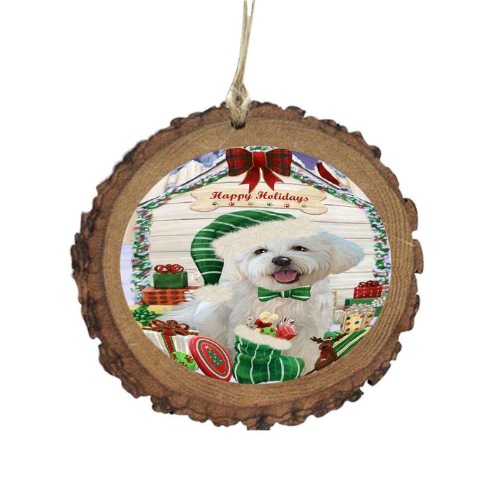 Happy Holidays Christmas Bichon Frise House With Presents Wooden Christmas Ornament WOR49791