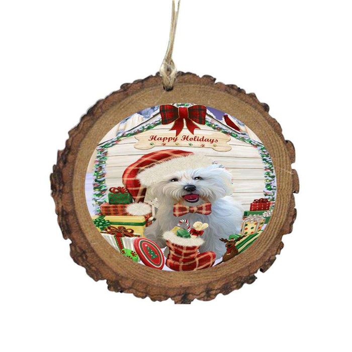 Happy Holidays Christmas Bichon Frise House With Presents Wooden Christmas Ornament WOR49792