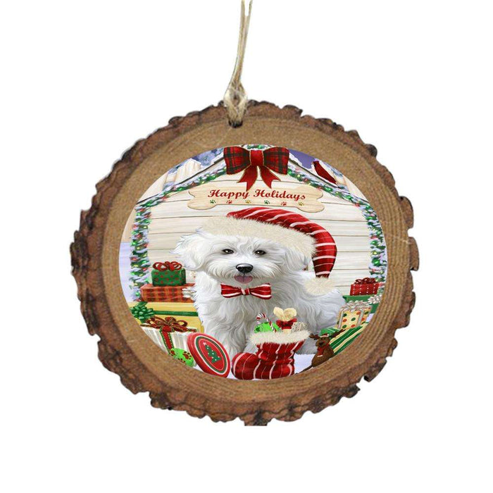 Happy Holidays Christmas Bichon Frise House With Presents Wooden Christmas Ornament WOR49793