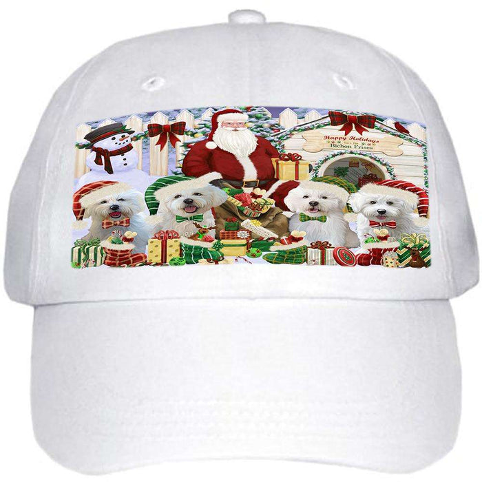 Happy Holidays Christmas Bichon Frises Dog House Gathering Ball Hat Cap HAT57576