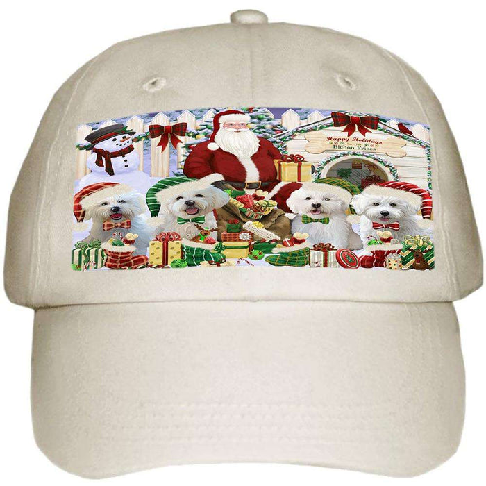 Happy Holidays Christmas Bichon Frises Dog House Gathering Ball Hat Cap HAT57576