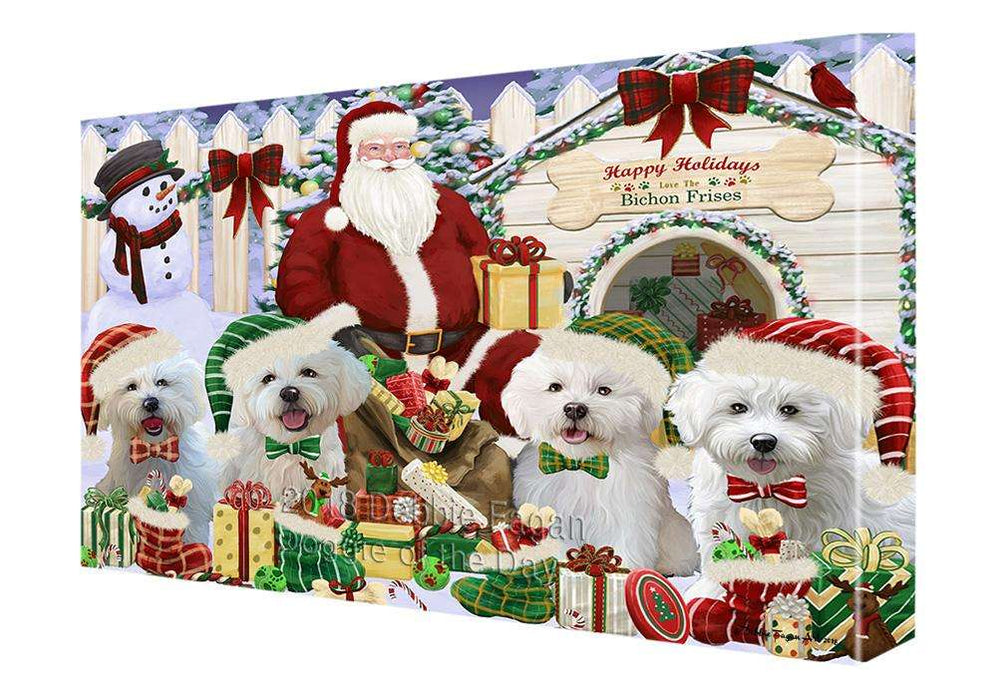 Happy Holidays Christmas Bichon Frises Dog House Gathering Canvas Print Wall Art Décor CVS78119