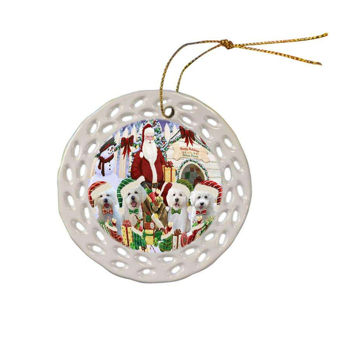 Happy Holidays Christmas Bichon Frises Dog House Gathering Ceramic Doily Ornament DPOR51281