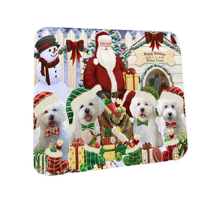 Happy Holidays Christmas Bichon Frises Dog House Gathering Coasters Set of 4 CST51240