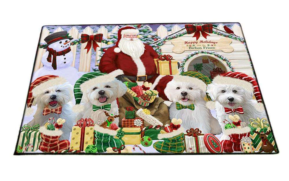 Happy Holidays Christmas Bichon Frises Dog House Gathering Floormat FLMS51054