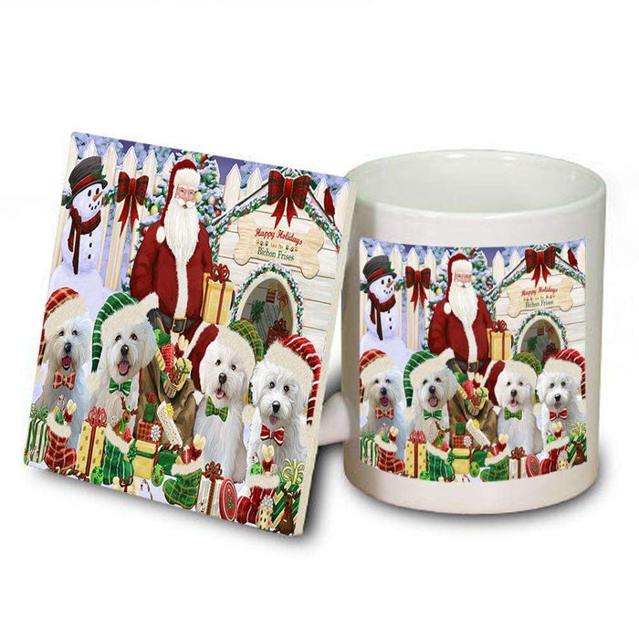 Happy Holidays Christmas Bichon Frises Dog House Gathering Mug and Coaster Set MUC51273