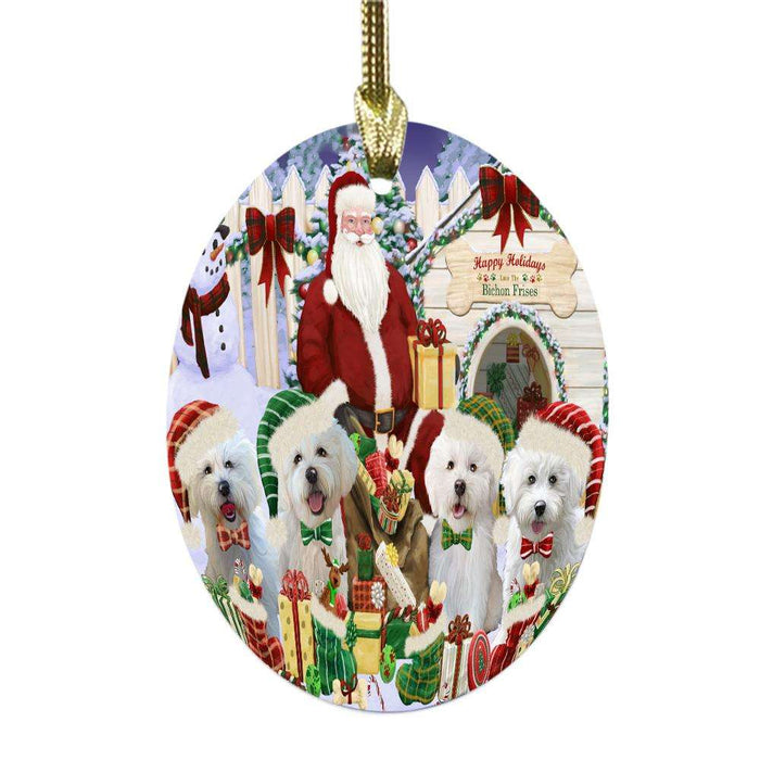 Happy Holidays Christmas Bichon Frises Dog House Gathering Oval Glass Christmas Ornament OGOR49684