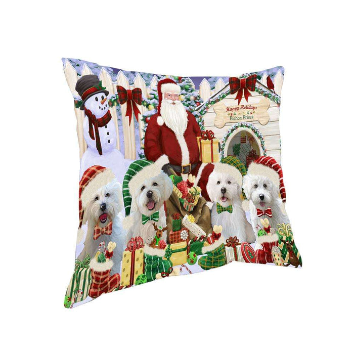 Happy Holidays Christmas Bichon Frises Dog House Gathering Pillow PIL61188