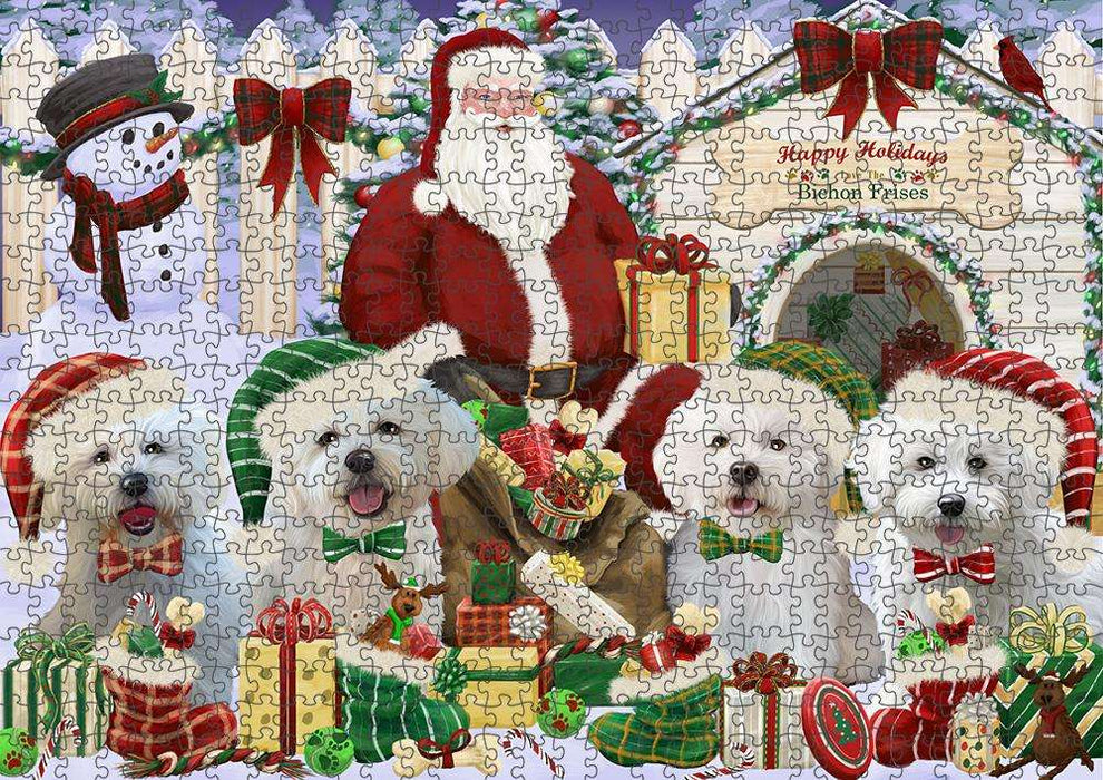 Happy Holidays Christmas Bichon Frises Dog House Gathering Puzzle with Photo Tin PUZL57705