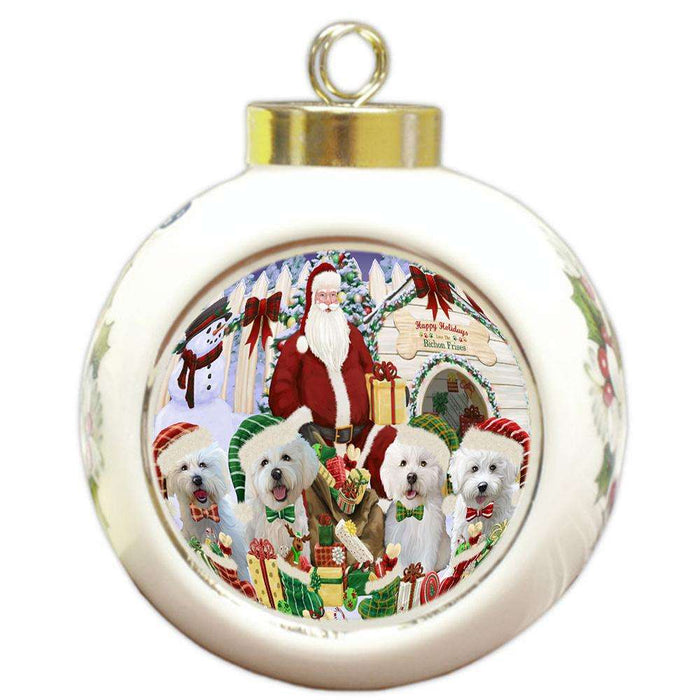 Happy Holidays Christmas Bichon Frises Dog House Gathering Round Ball Christmas Ornament RBPOR51281
