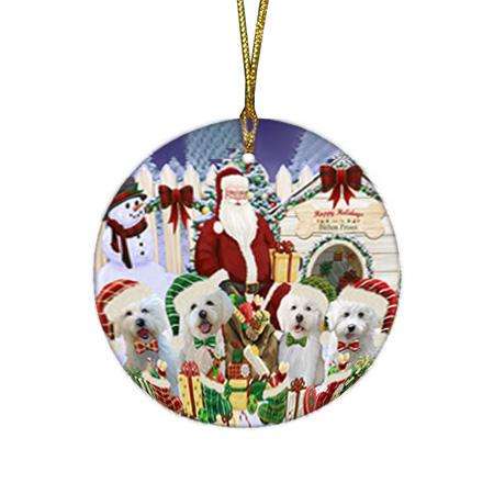 Happy Holidays Christmas Bichon Frises Dog House Gathering Round Flat Christmas Ornament RFPOR51272