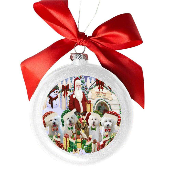 Happy Holidays Christmas Bichon Frises Dog House Gathering White Round Ball Christmas Ornament WBSOR49684