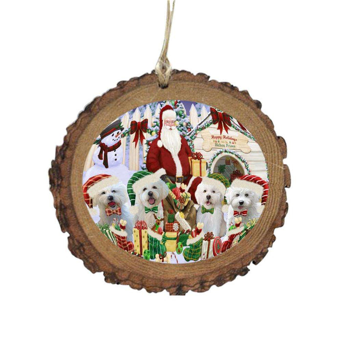 Happy Holidays Christmas Bichon Frises Dog House Gathering Wooden Christmas Ornament WOR49684