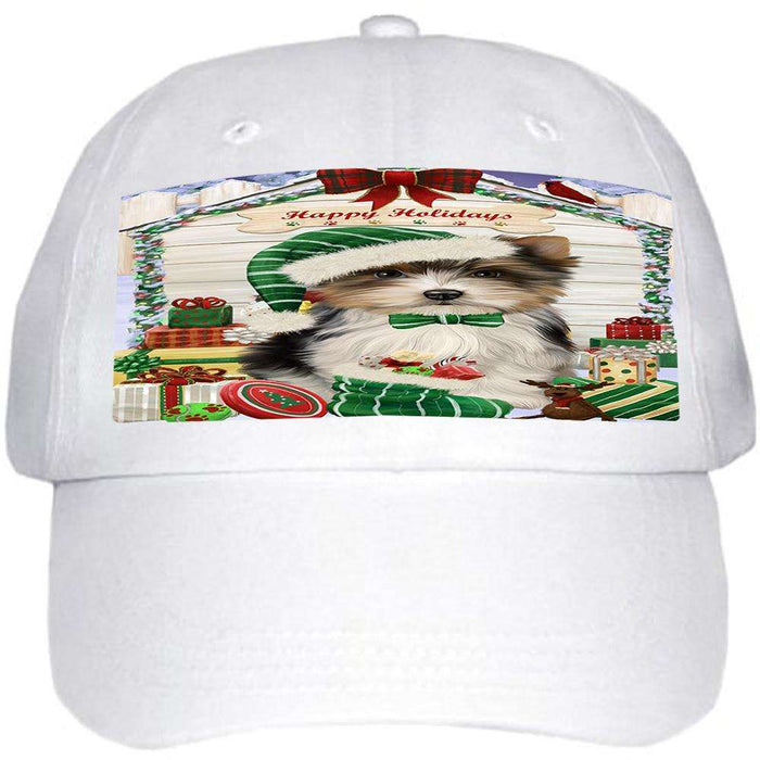 Happy Holidays Christmas Biewer Terrier Dog With Presents Ball Hat Cap HAT61635