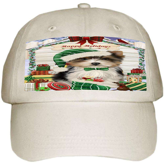 Happy Holidays Christmas Biewer Terrier Dog With Presents Ball Hat Cap HAT61635