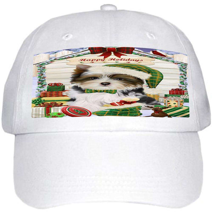 Happy Holidays Christmas Biewer Terrier Dog With Presents Ball Hat Cap HAT61638