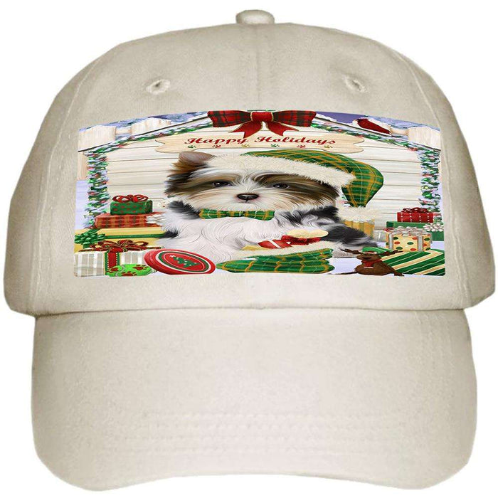 Happy Holidays Christmas Biewer Terrier Dog With Presents Ball Hat Cap HAT61638