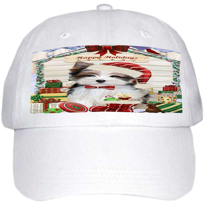 Happy Holidays Christmas Biewer Terrier Dog With Presents Ball Hat Cap HAT61641