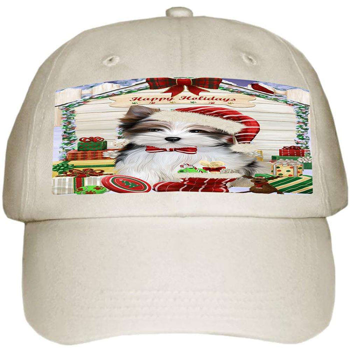 Happy Holidays Christmas Biewer Terrier Dog With Presents Ball Hat Cap HAT61641