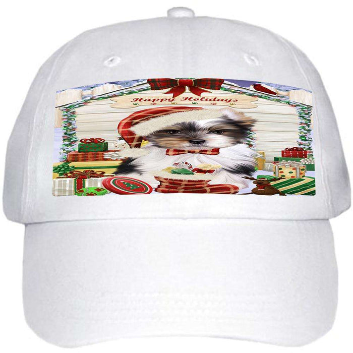 Happy Holidays Christmas Biewer Terrier Dog With Presents Ball Hat Cap HAT61644