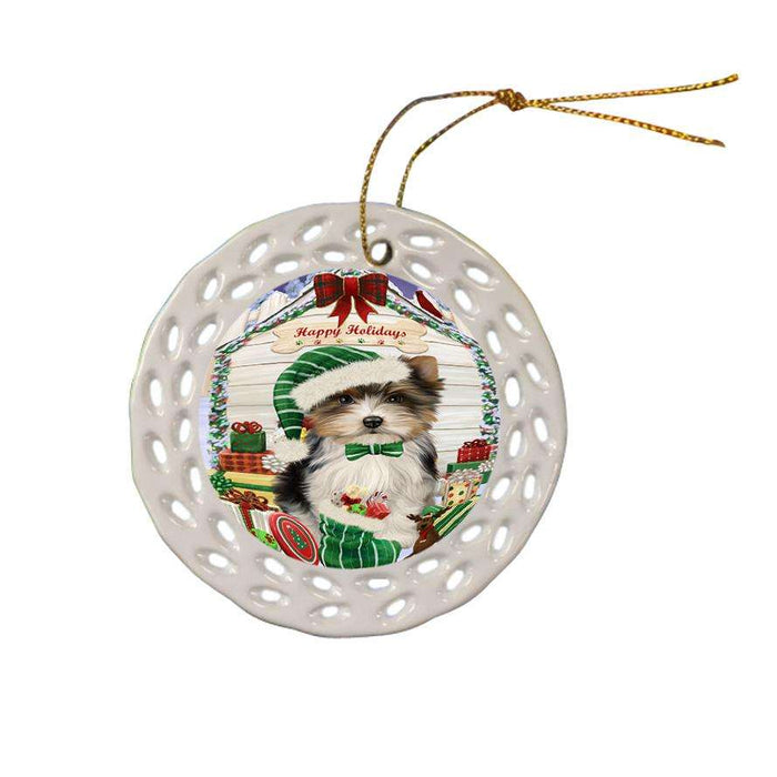Happy Holidays Christmas Biewer Terrier Dog With Presents Ceramic Doily Ornament DPOR52634
