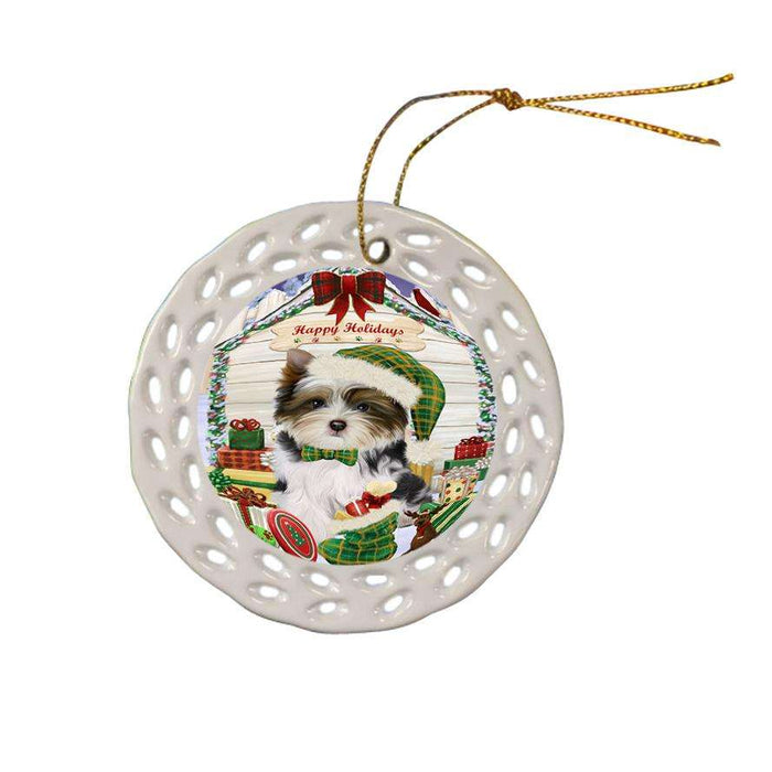 Happy Holidays Christmas Biewer Terrier Dog With Presents Ceramic Doily Ornament DPOR52635