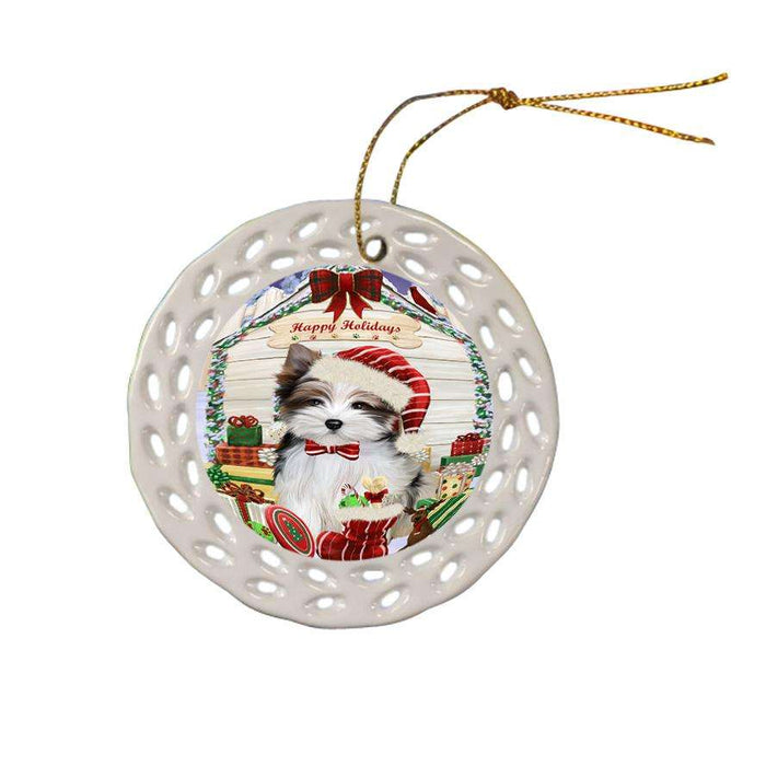 Happy Holidays Christmas Biewer Terrier Dog With Presents Ceramic Doily Ornament DPOR52636