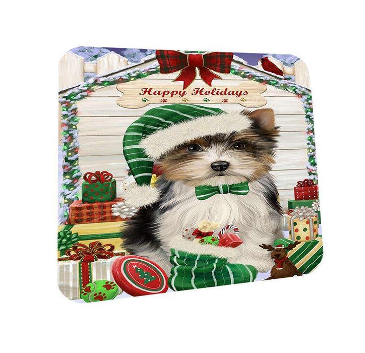 Happy Holidays Christmas Biewer Terrier Dog With Presents Coasters Set of 4 CST52593
